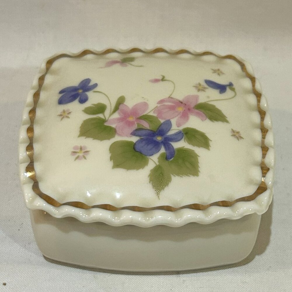 Vintage Fred Roberts Lidded Trinket Box Scallop Rim Hand Painted Floral